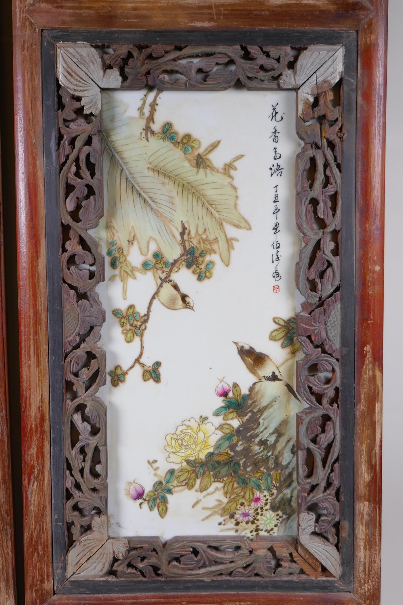 A pair of early C20th Chinese polychrome porcelain panels decorated with birds amongst flowers, - Image 4 of 5