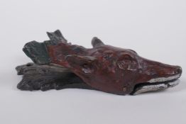 A cold painted metal fox head clip, 14cm long