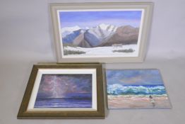 A Himalayan landscape with a tiger, oil on canvas, a stormy seascape, and a girl on a beach, also