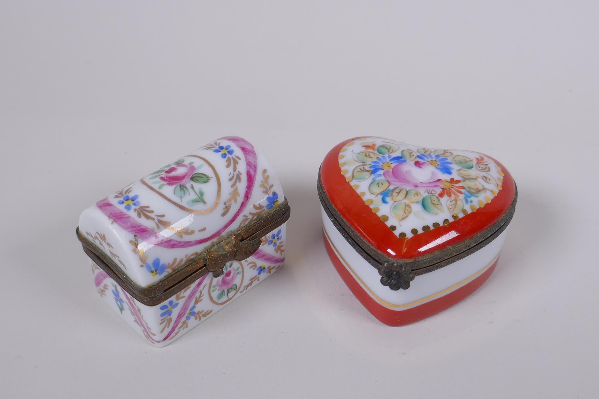 Four Limoges hand painted porcelain trinket/pill boxes with floral decoration, and two Halcyon - Image 2 of 8