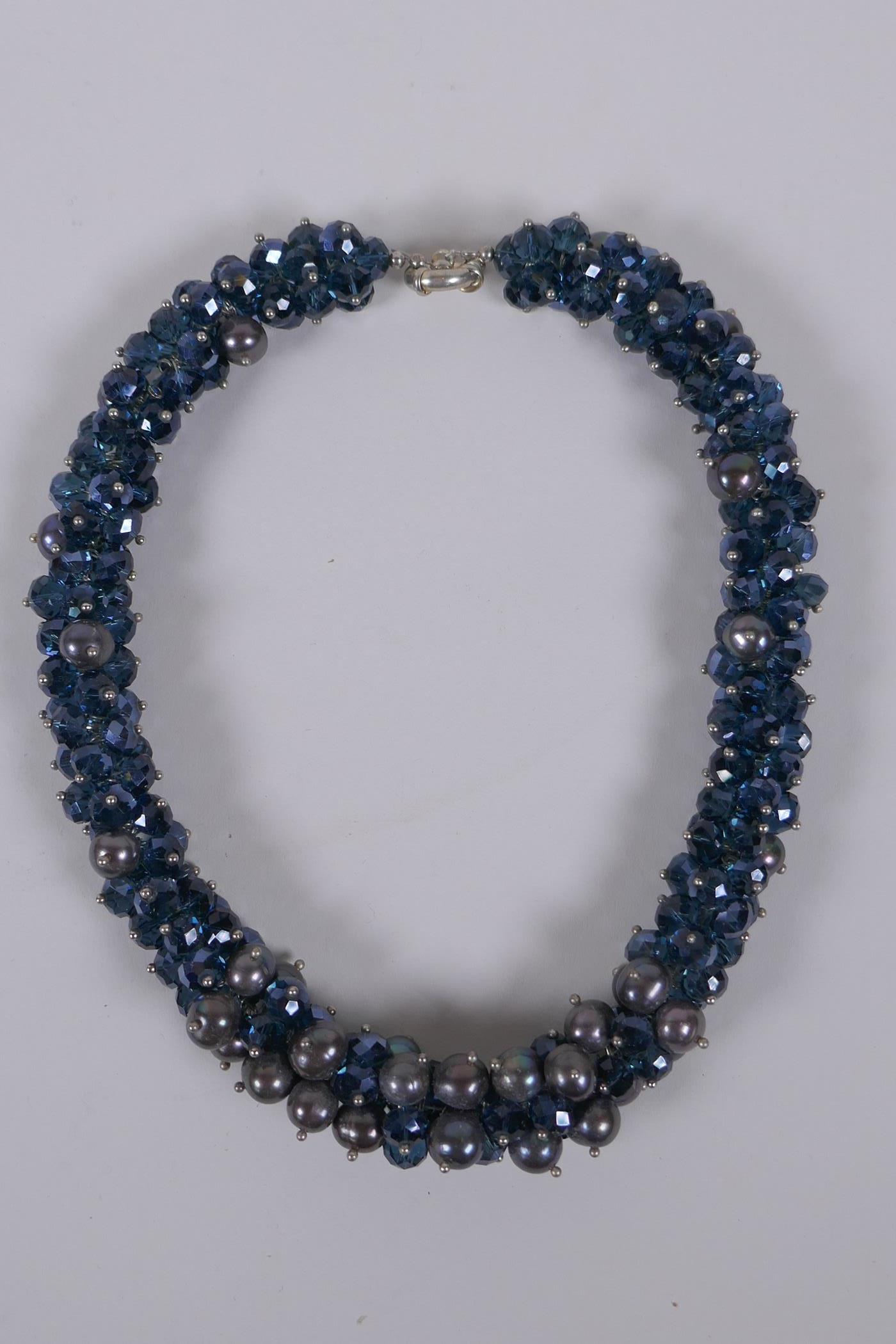 A Tahitian pearl and blue glass choker, 44cm long