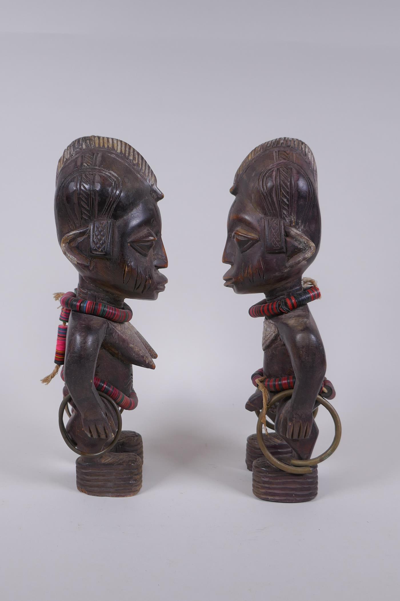 A pair of African Yoruba tribe carved wood Ere Ibeji figures, 28cm high - Image 2 of 4
