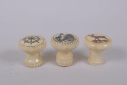 Three bone walking stick/cane handles, decorated with a stag, ship's wheel and lighthouse, 3cm