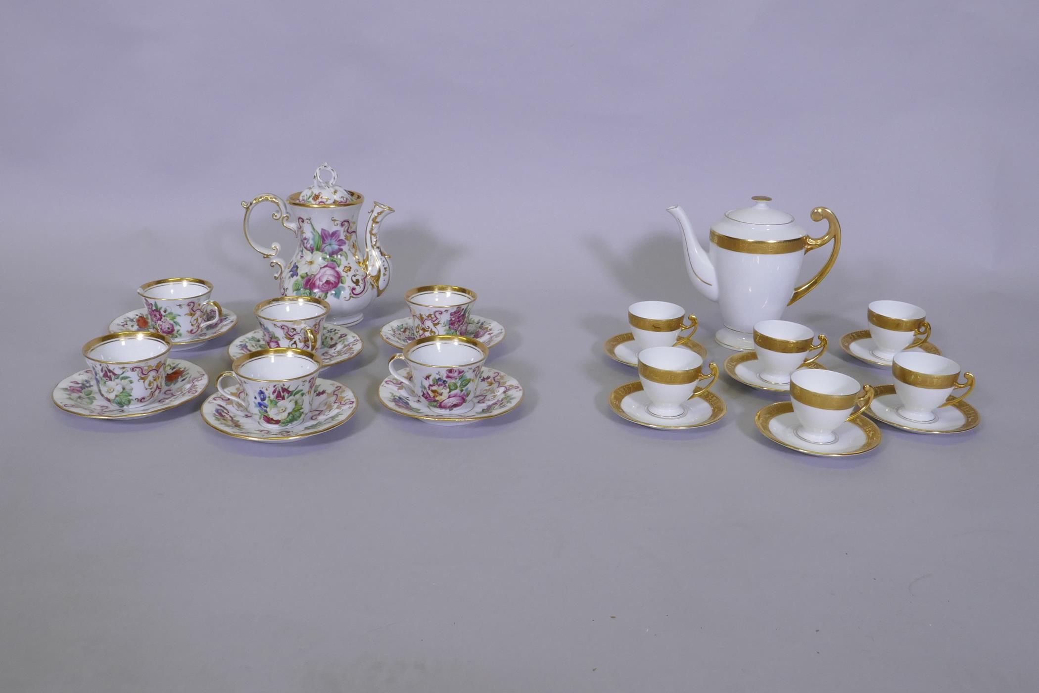 A Bohemian porcelain six place tea set with raised gilt borders, unused, and another with floral