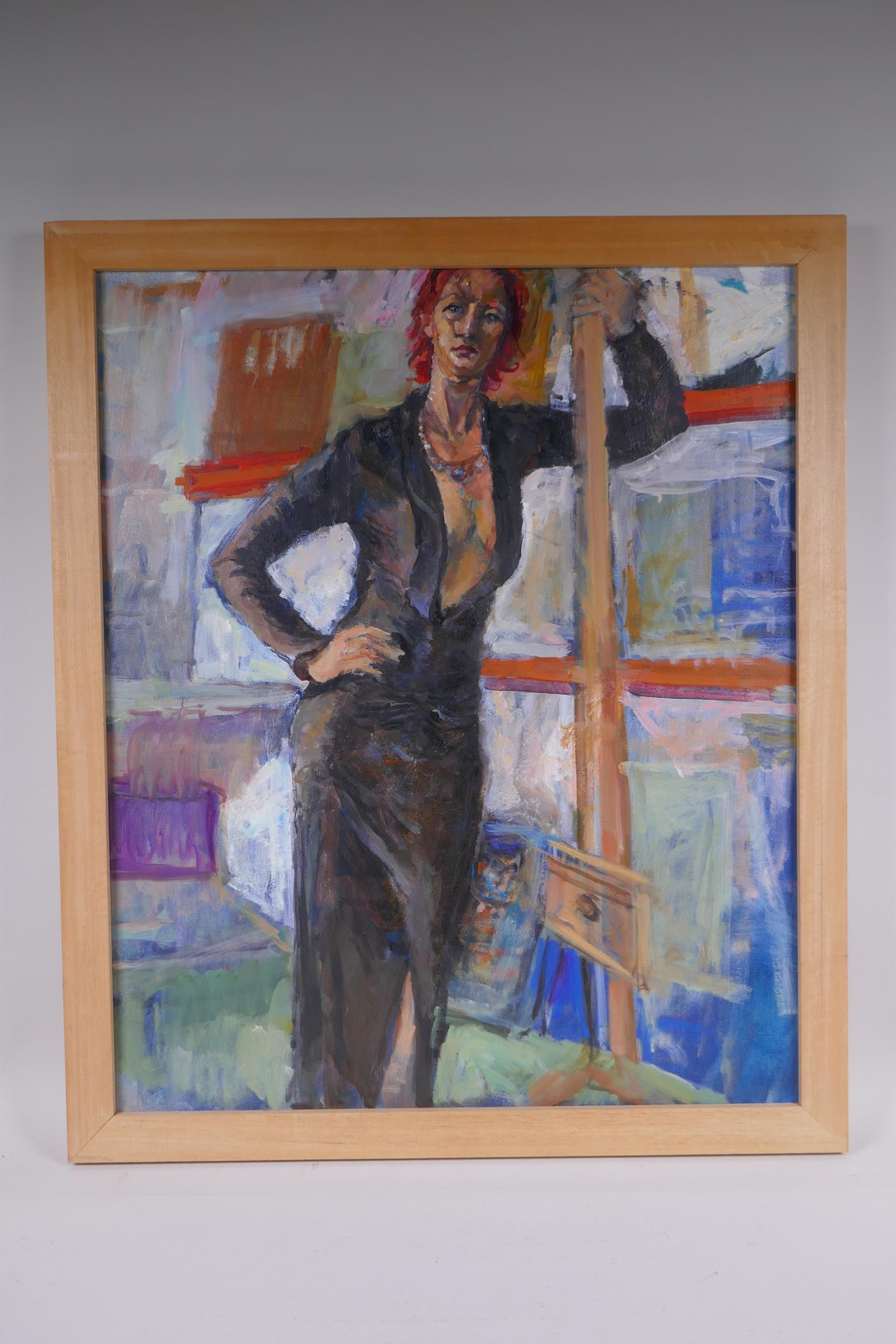 Standing Pose, portrait of a woman with red hair, signed to the reverse G. McCarthy?, oil on canvas, - Image 2 of 4