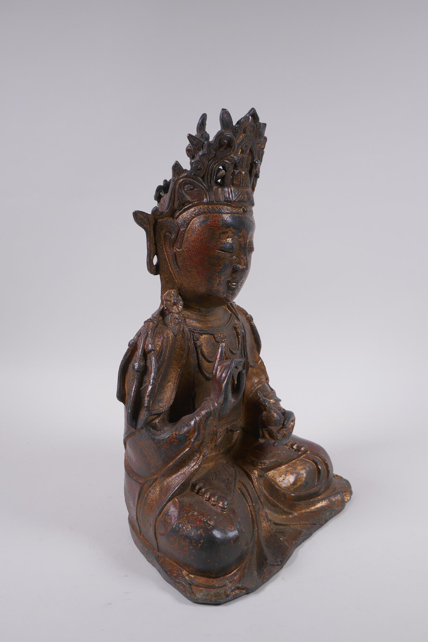 A Sino Tibetan gilt bronze figure of Buddha, 31cm high - Image 3 of 6