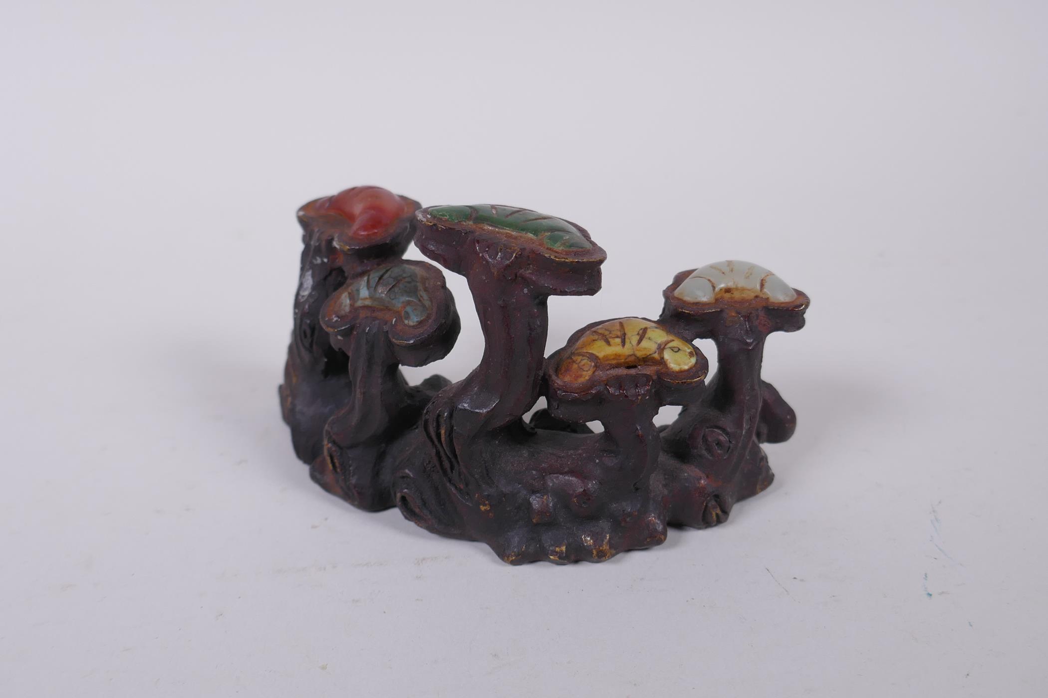A Chinese bronze brush rest of Ruyi form, with inlaid hardstone and agate decoration, 13cm long - Image 3 of 3