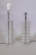 A pair of glass table lamps with chromed mounts, 46cm high