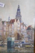 James Garden Laing, Dutch port scene with steam tug and barges, signed