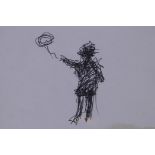 After Banksy, girl with balloon, ball point pen drawing on paper fragment, 10 x 15cm