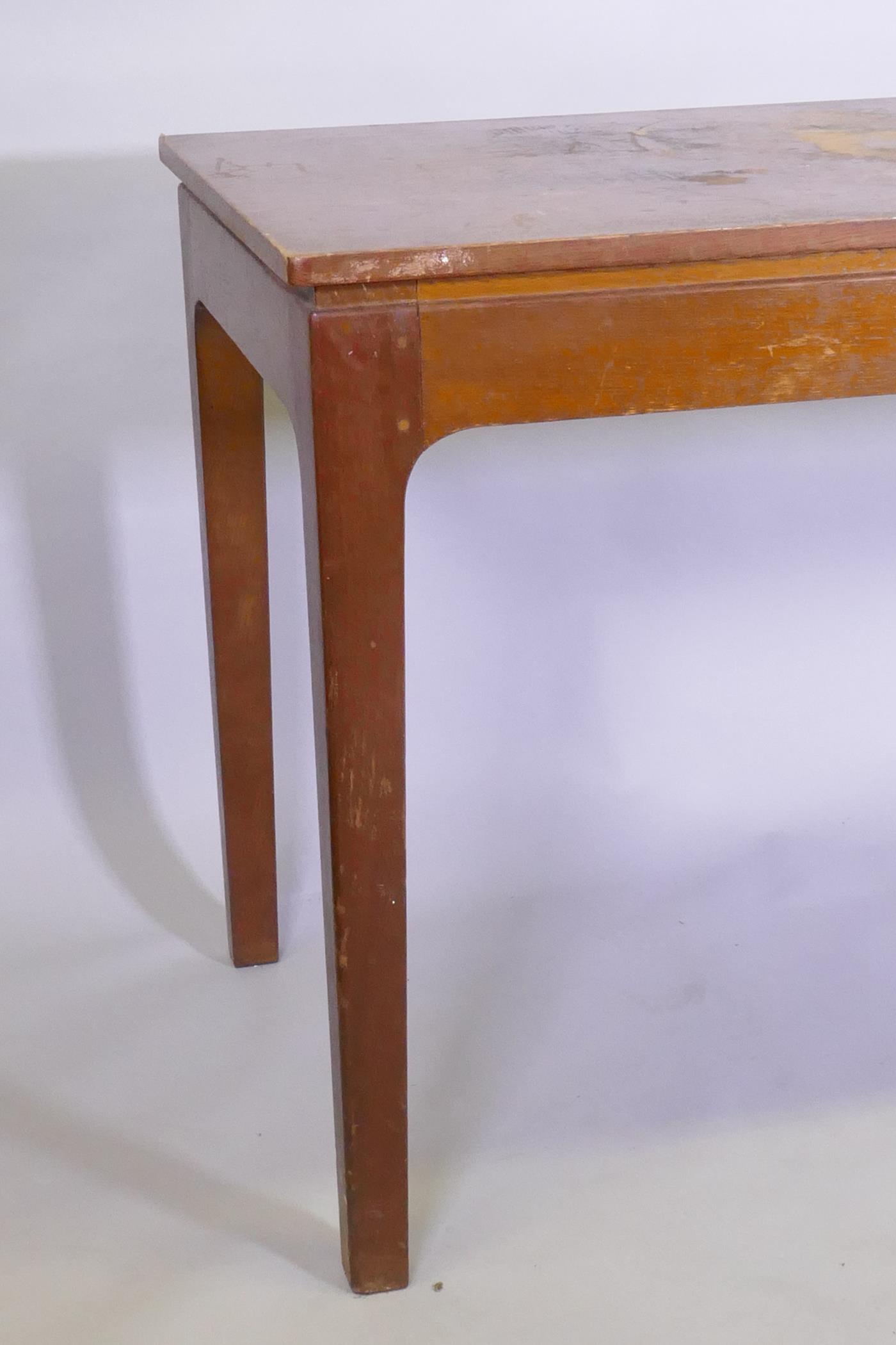 A mid century oak veneered serving table, raised on square tapering supports with pegged joints, - Image 3 of 5