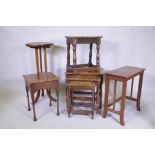 An Arts & Crafts oak dish top jardiniere stand (reduced), a joynt stool with elm top, nest of