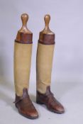 A pair of WWI officer's leather and canvas trench boots with wood lasts, sole length 30cm