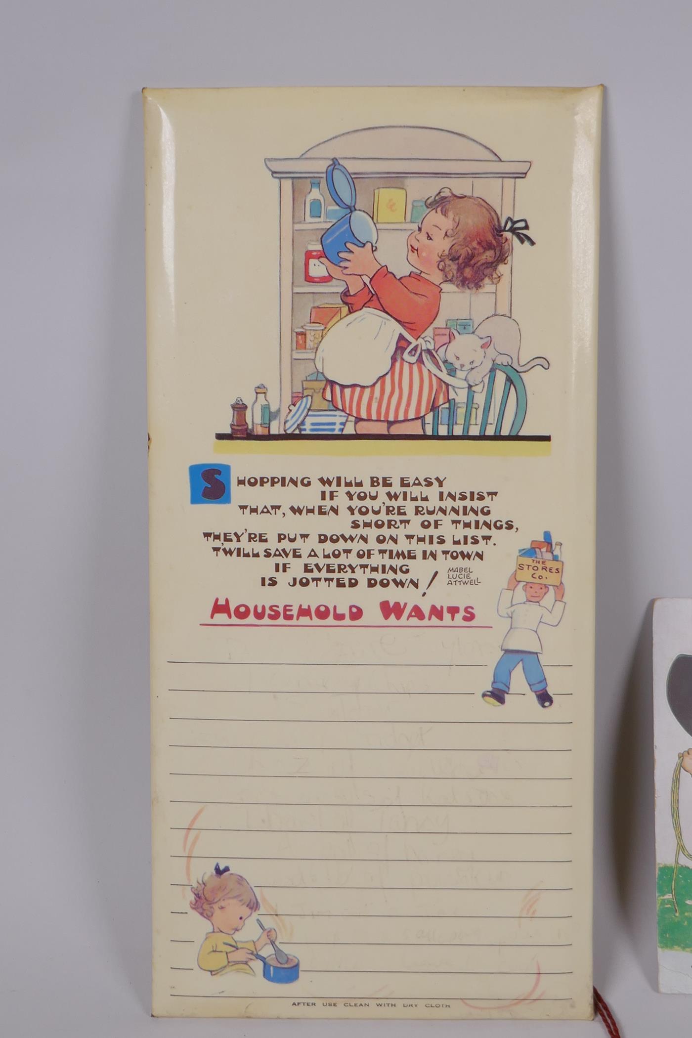 Mabel Lucy Atwell, vintage household wipe clean shopping list plaque, The Bathroom illustrated - Image 2 of 5