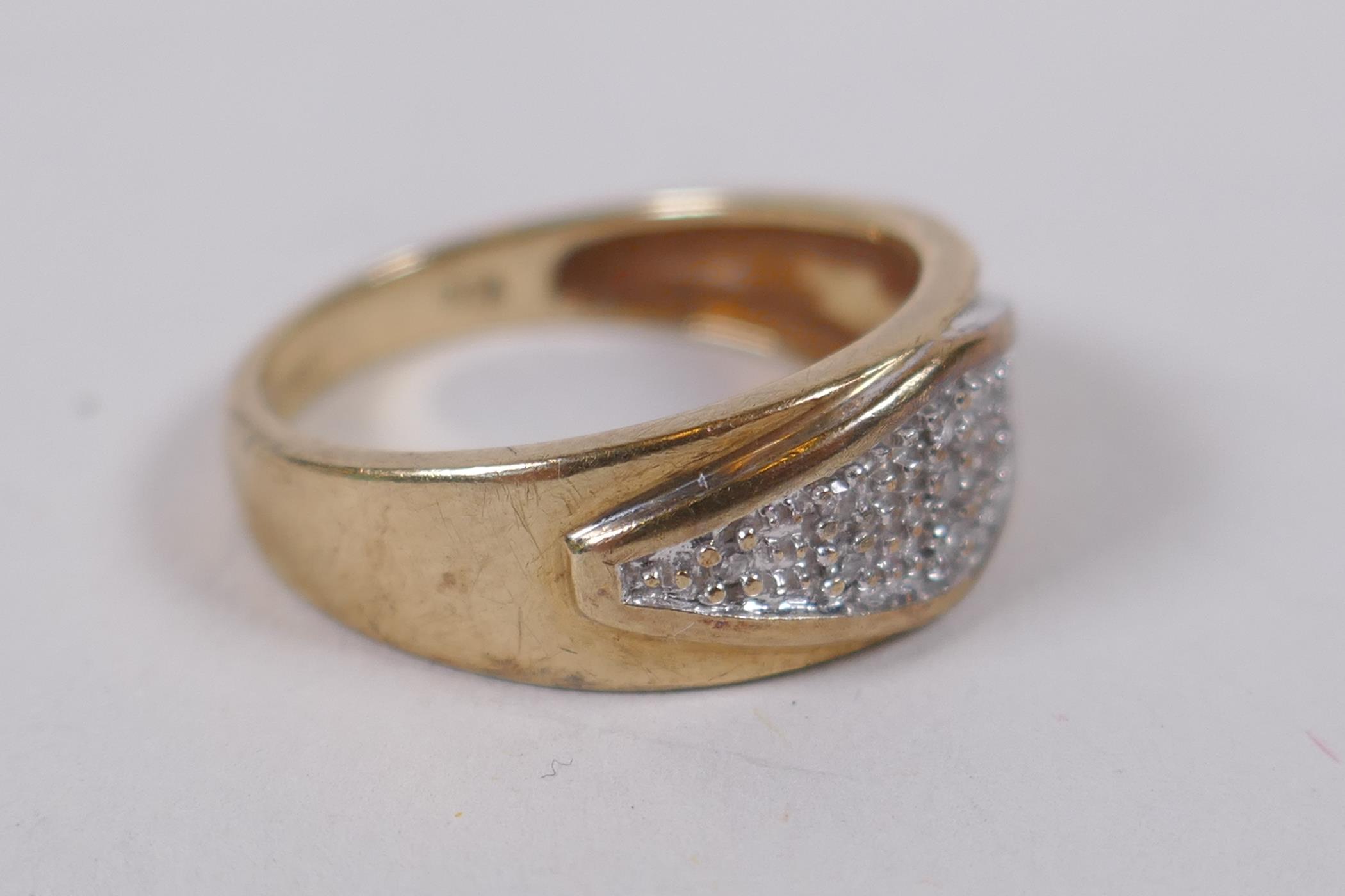 A 9ct yellow gold ring set with nine diamond chips, size K/L - Image 2 of 3
