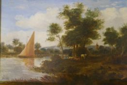 J. Clug, river landscape with sailing barge, oil on board/panel, 18 x 13cm