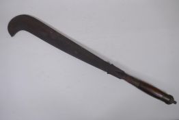 An antique Burmese Billhook machete with chased decoration to blade and personalised dedication,