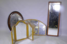 Rowley Gallery, Arts and Crafts carved and painted triptych overmantel mirror, bears label verso,