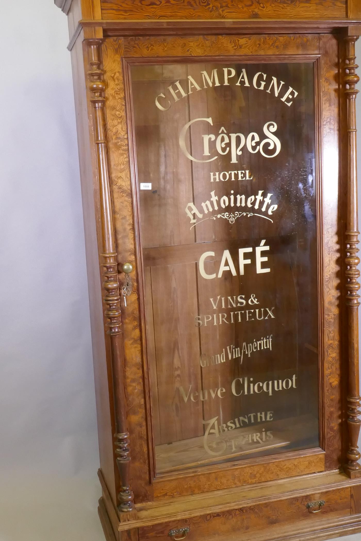 A C19th French pitch pine armoire with glazed door and sign-written decoration, 109 x 50 x 215cm - Image 2 of 3