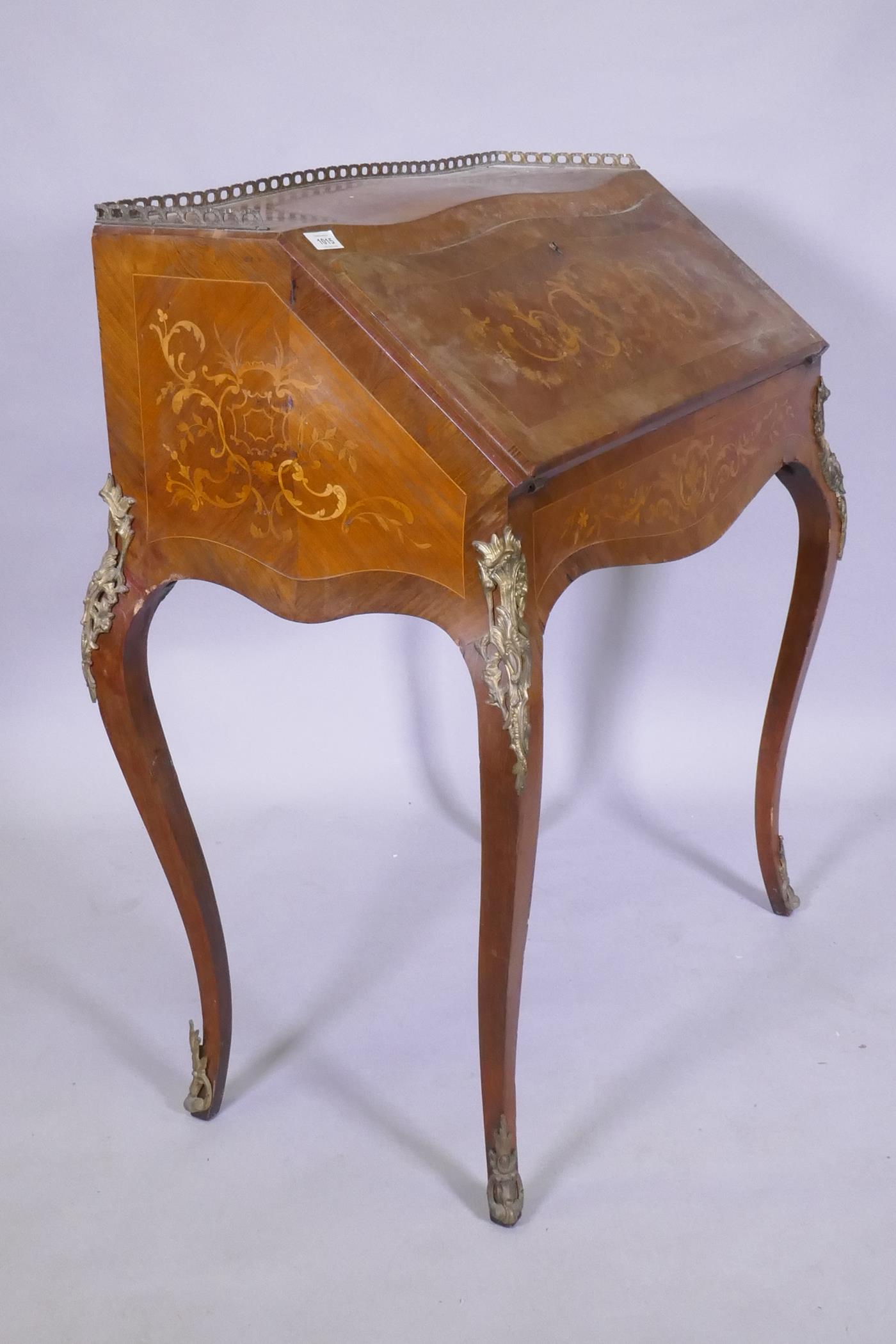 A C19th continental marquetry inlaid tulipwood and rosewood bonheure de jour, with pierced brass - Image 4 of 4