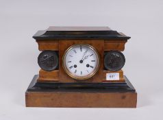 A C19th burr walnut mantel clock with ebonised mouldings and bronzed mounts, the enamel dial with