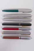 Seven assorted fountain pens including Parker 45, Platignum, Osmiroid etc, some appear to have