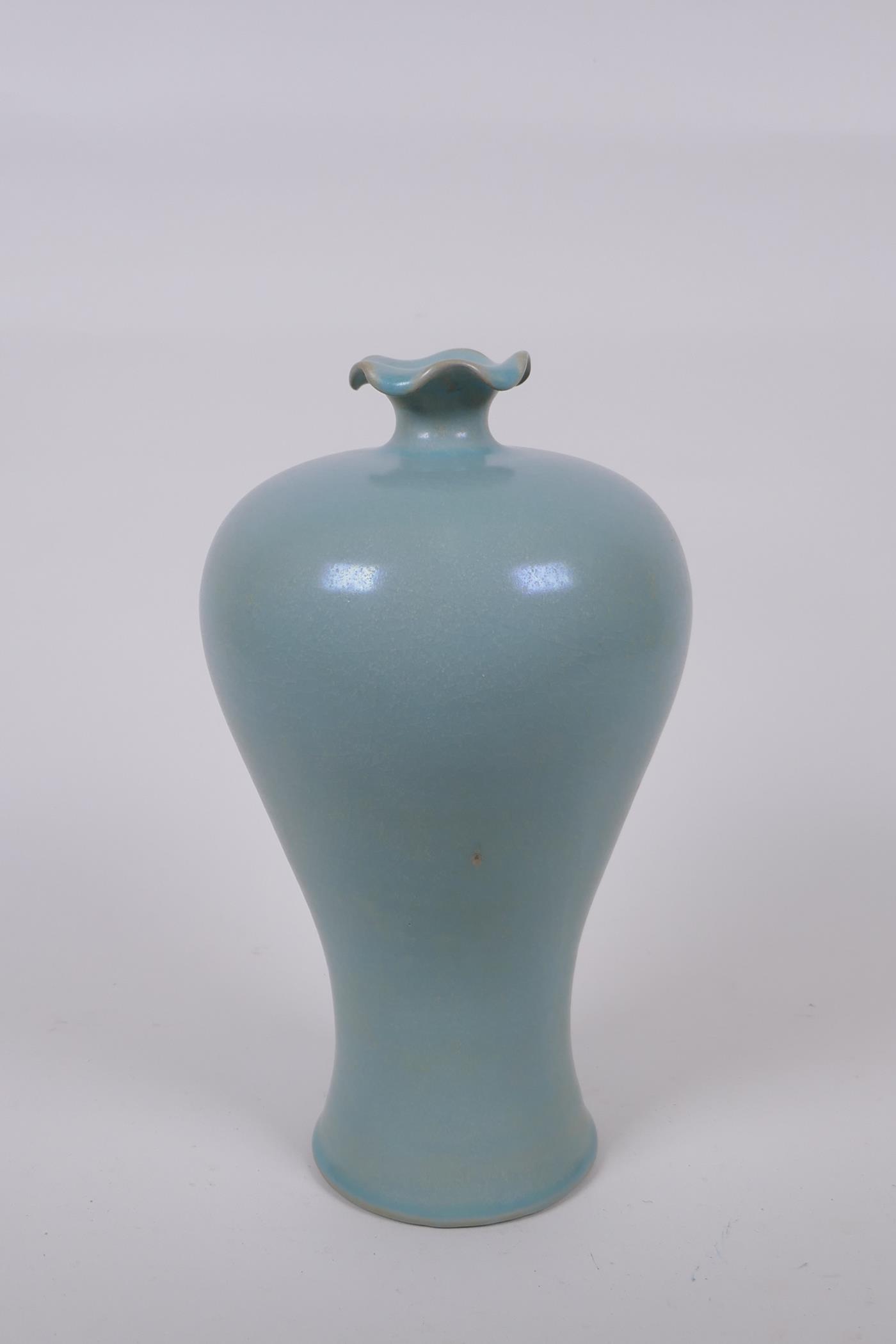 A Chinese Ru ware style porcelain meiping vase with frilled rim, 26cm high - Image 3 of 4