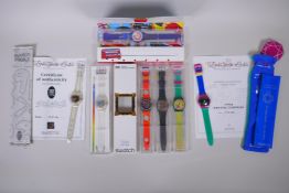 A collection of Retro Swatch watches including The Swatch Collectors Swatch Scribble 1993, The