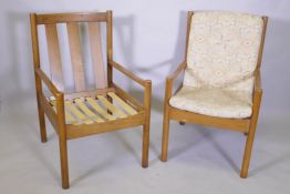 A pair of Ercol beech and wood open armchairs