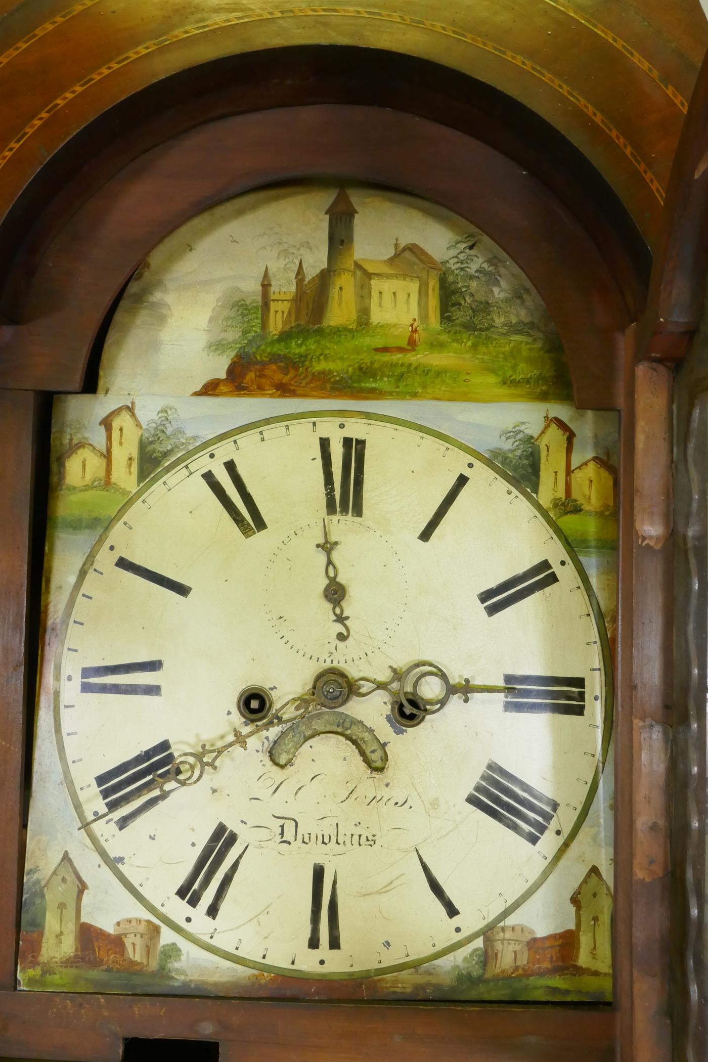 C19th mahogany long case clock, with arched hood and painted dial, the spandrels decorated with - Image 2 of 8