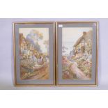 Devon cottages and view of a coastal by, a pair of watercolours, signed with monogram TM and dated