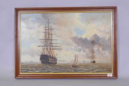 D. Olson, Royal Naval battleships at anchor, signed, mid C20th, oil on canvas, 76 x 50cm