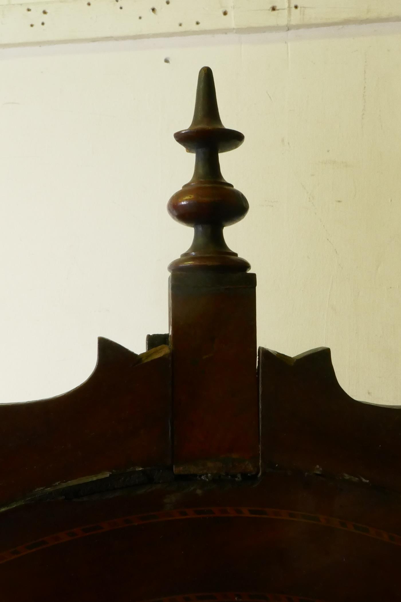 C19th mahogany long case clock, with arched hood and painted dial, the spandrels decorated with - Image 8 of 8