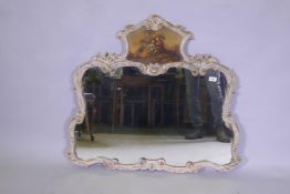 A rococo style trumeau wall mirror, with inset oil painting on canvas, mid C20th, 98 x 87cm high