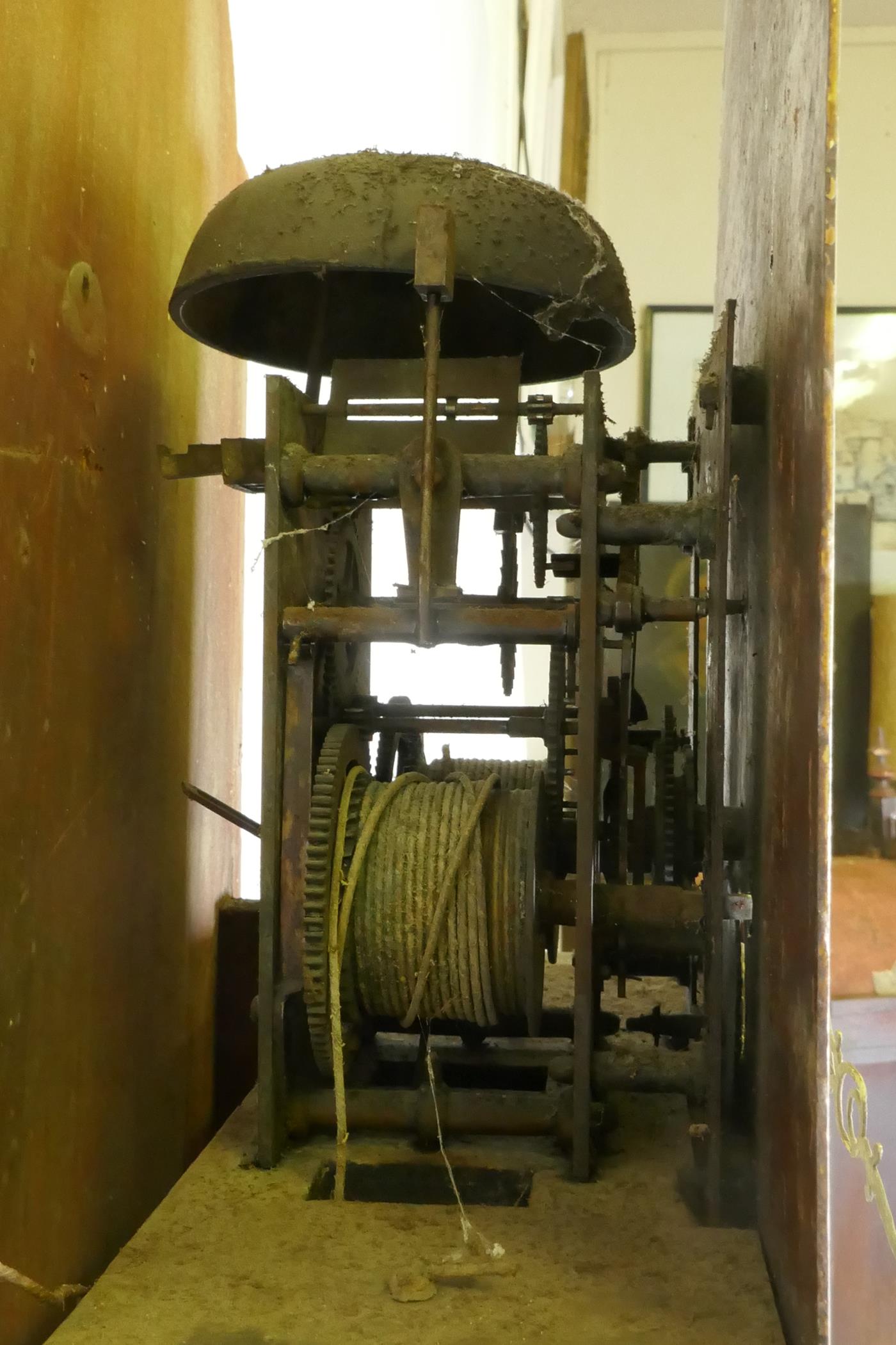 C19th mahogany long case clock, with arched hood and painted dial, the spandrels decorated with - Image 6 of 8