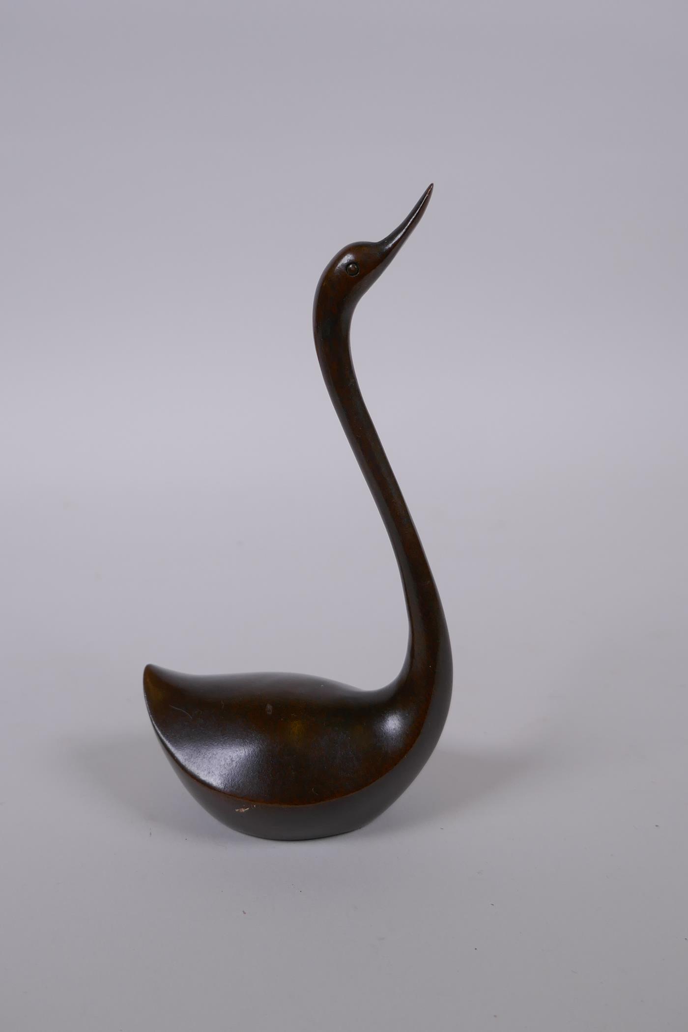A Japanese style bronze okimono swan, mark to base, 15cm high - Image 2 of 3