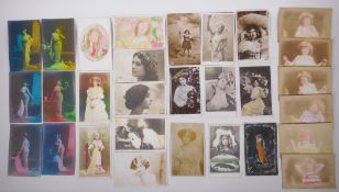 A large collection of late C19th/early C20th glamour portrait postcards, and cartoon satirical