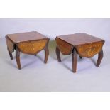 A pair of antique marquetry inlaid kingwood tables with a shaped top and ormolu mounts, reduced,