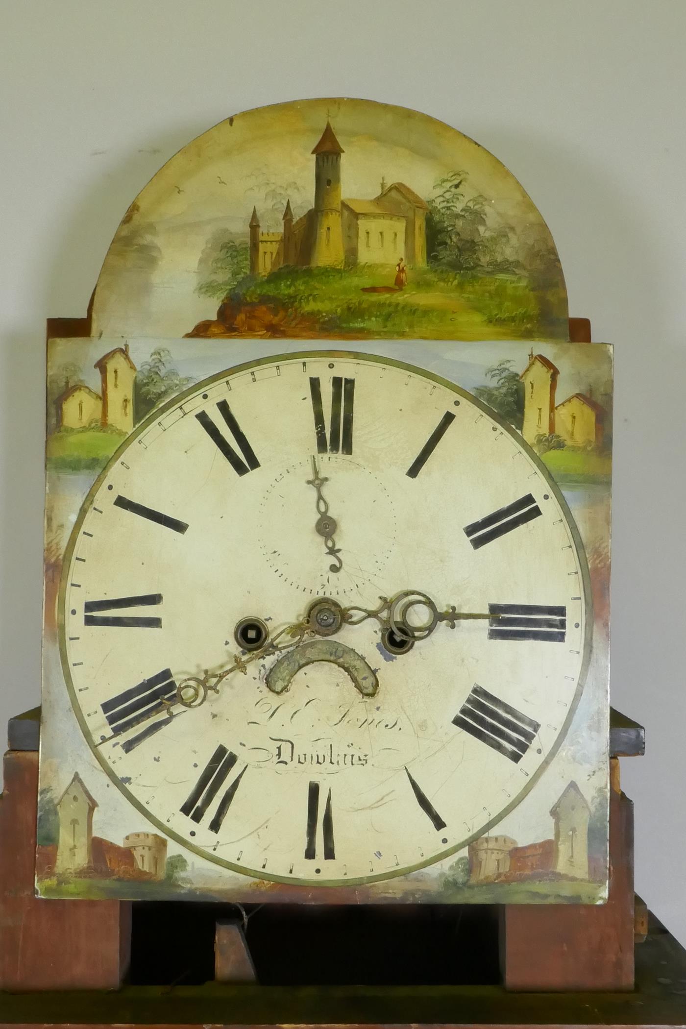 C19th mahogany long case clock, with arched hood and painted dial, the spandrels decorated with - Image 4 of 8