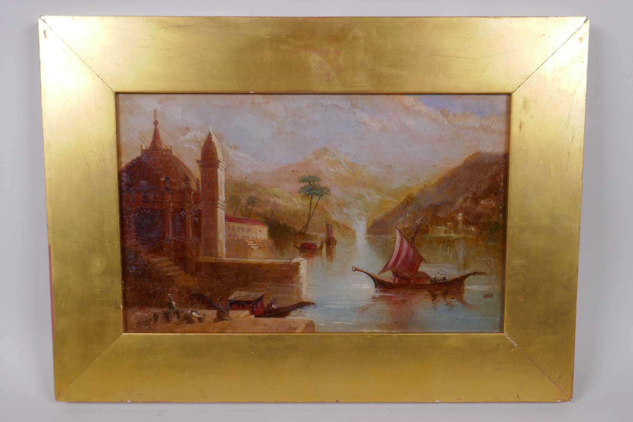 Capriccio port scene with figures and boats, C19th oil on board, 17 x 27cm - Image 2 of 3