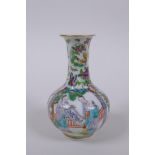 A Chinese famille verte porcelain stem vase decorated with figures in landscape, and chickens,
