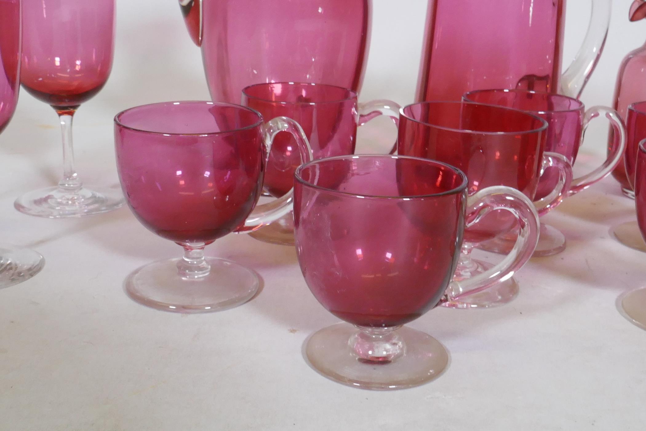 A quantity of Victorian cranberry glass, jugs, drinking glasses and custard cups - Image 2 of 5