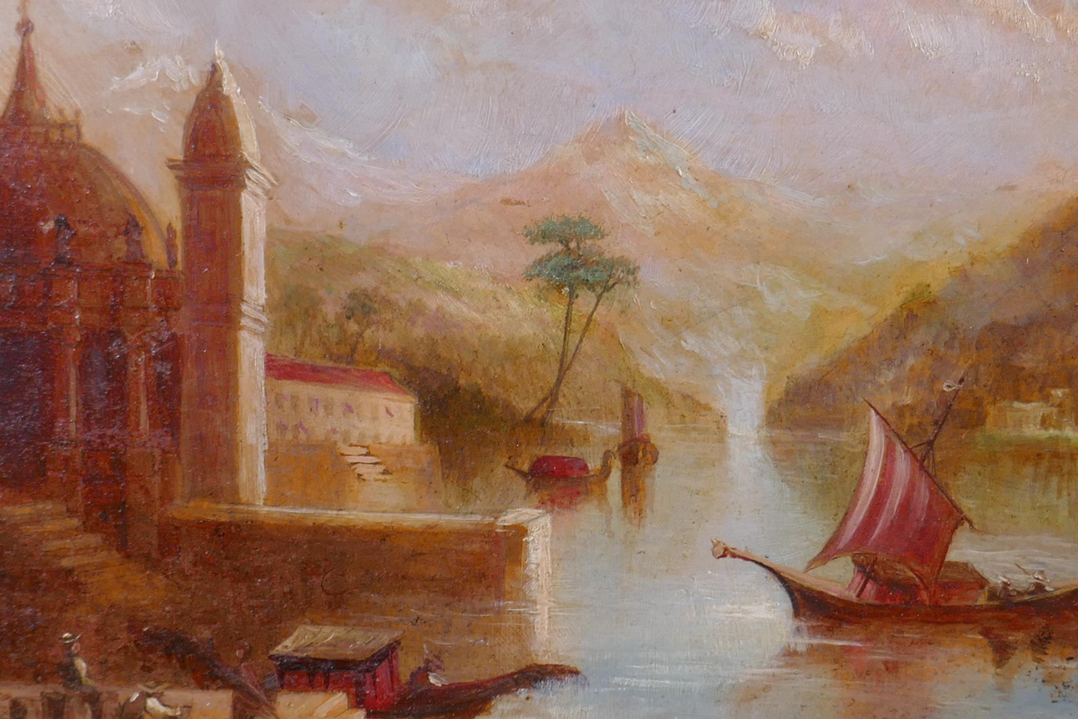 Capriccio port scene with figures and boats, C19th oil on board, 17 x 27cm