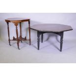 An Anglo-Indian centre table with paduk wood top and ebonised base, reduced, 100cm diameter, 54cm