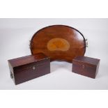 An Edwardian inlaid mahogany tea caddy, and another smaller, together with a n Edwardian inlaid
