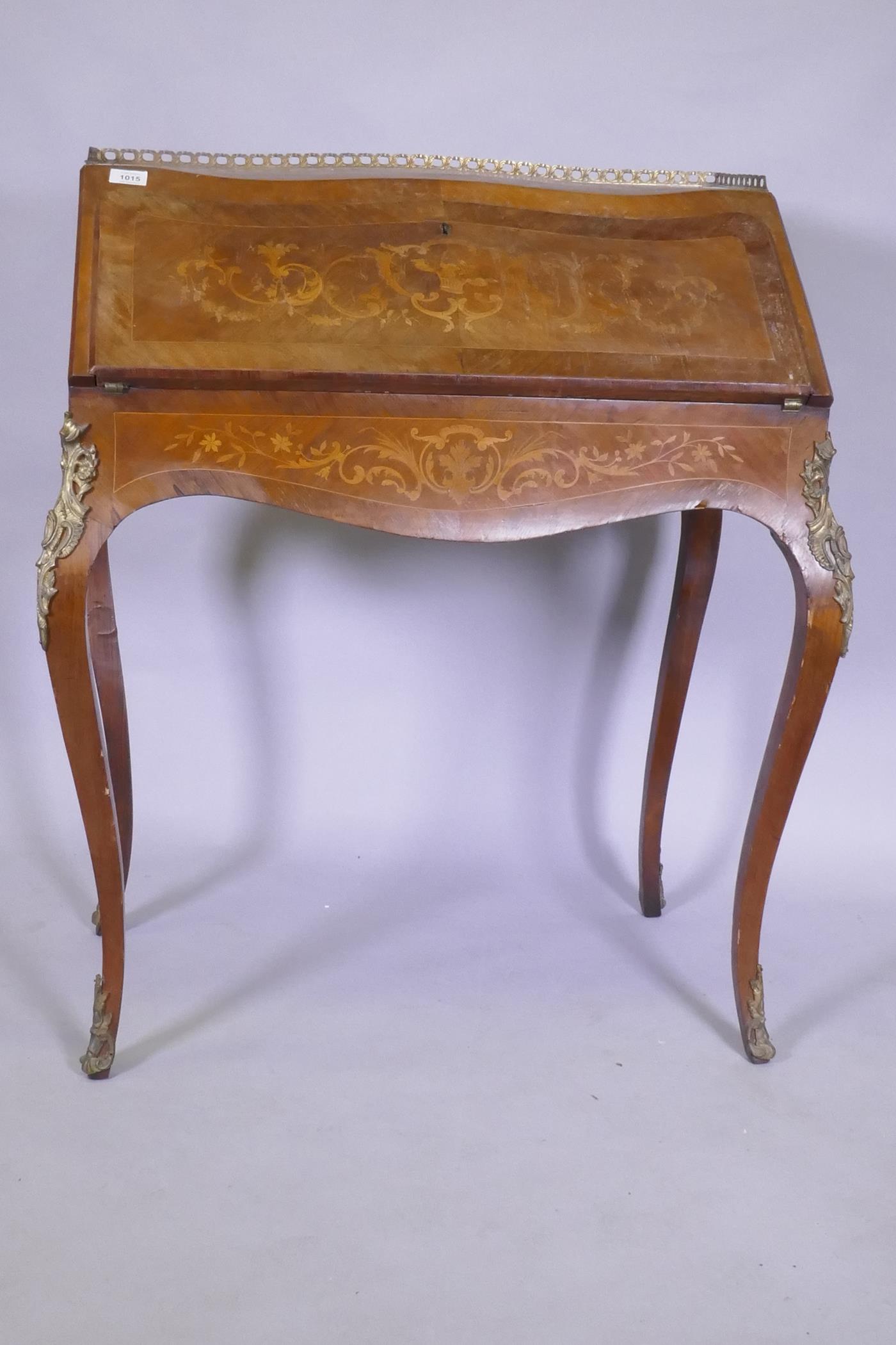 A C19th continental marquetry inlaid tulipwood and rosewood bonheure de jour, with pierced brass - Image 2 of 4