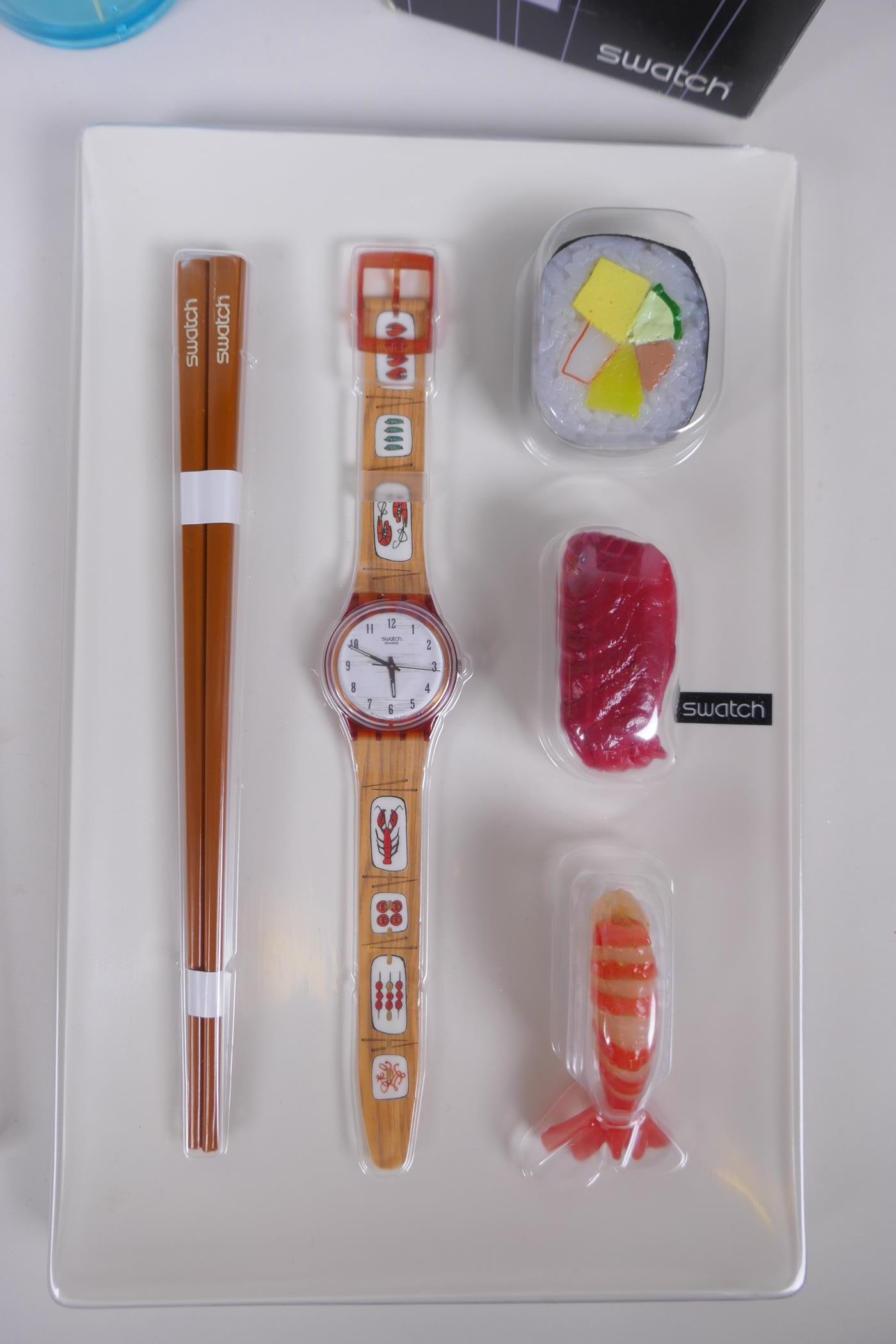 A collection of Retro Swatch watches including Hors D'Oeuvre Sushi 2001, Advantage 1998, Hangover - Image 2 of 8