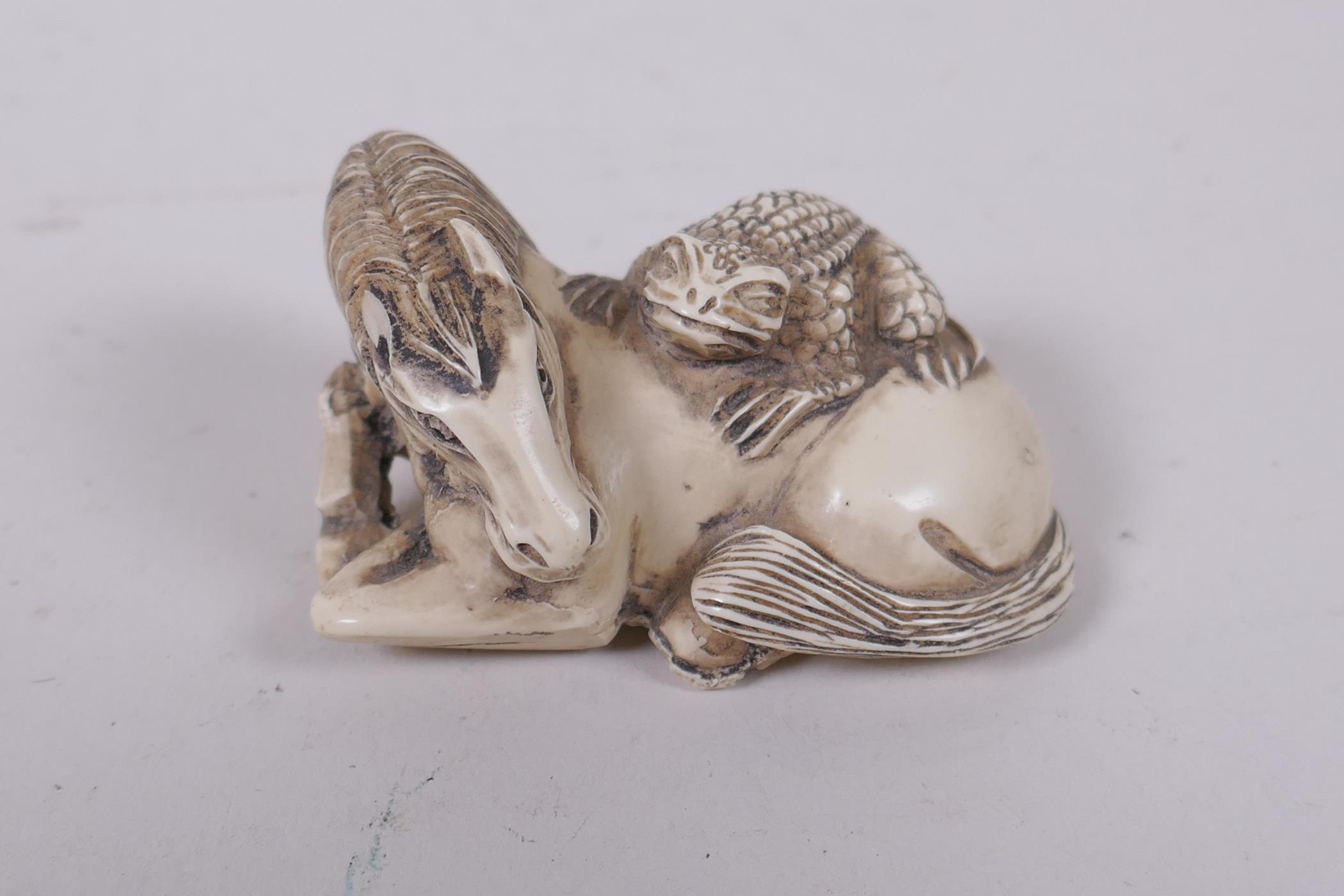 Three Japanese composition netsuke in the form of horses and toads, 5cm - Image 6 of 7