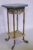 A brass two tier stand with pierced frieze alabaster lower tier and later marble top, raised on
