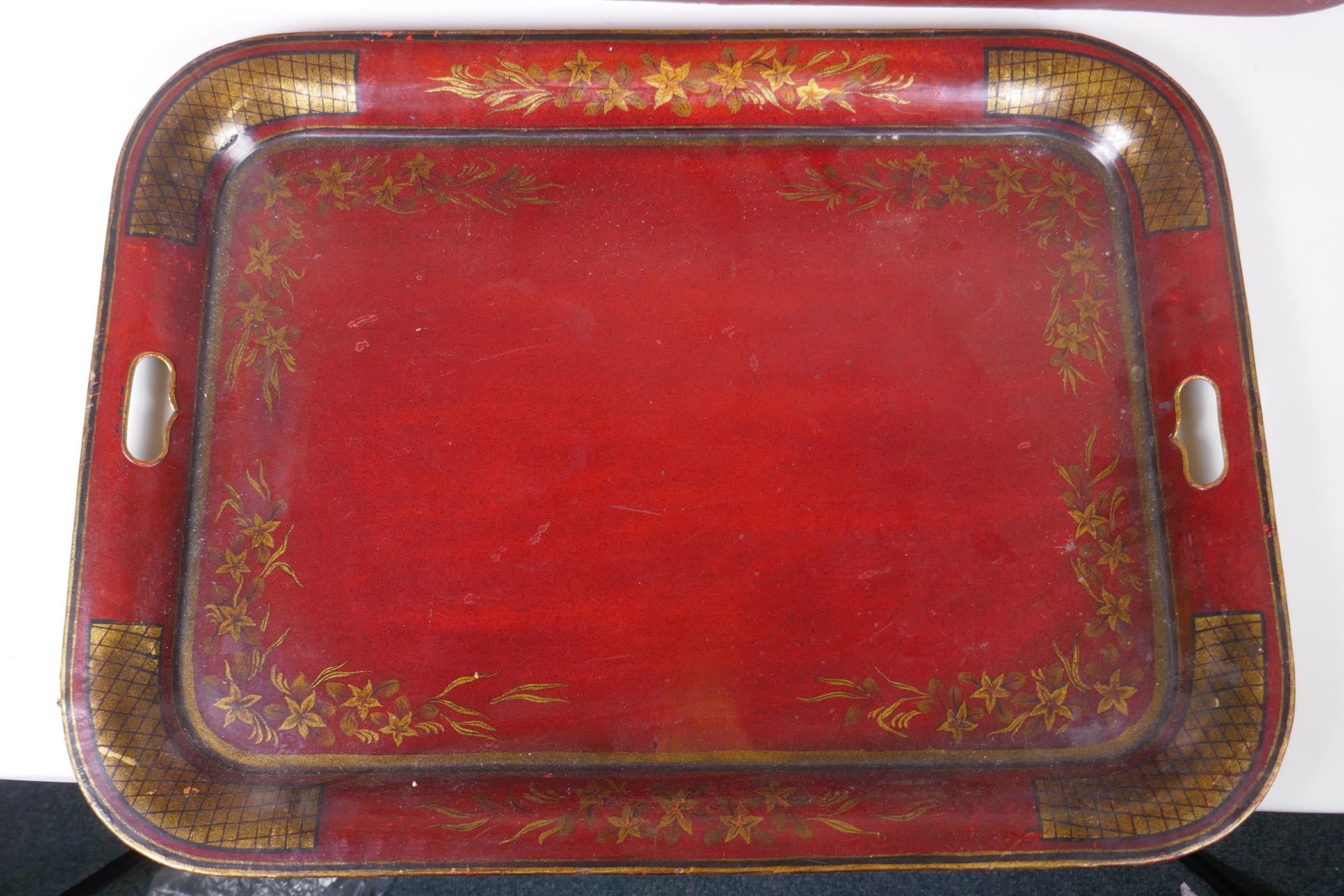A red ground Toleware tray with gilt decoration of birds and a fountain, and another smaller, - Image 3 of 3